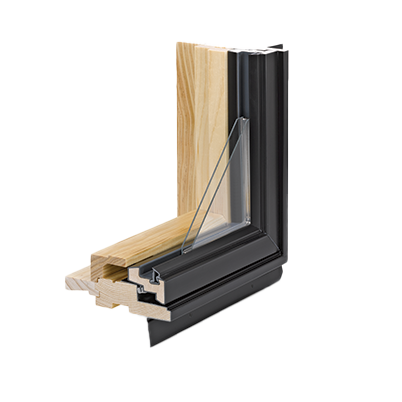 A corner section of a black 400 Series Casement Window with contemporary profiles and a Perma-Shield cladding on the exterior.